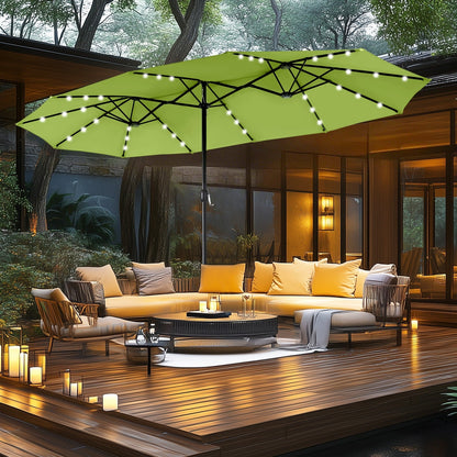MAISON ARTS 15-foot Rectangular Crank Double-sided Outdoor Market Umbrella Solar LED Lighted Patio Umbrella with Base Included