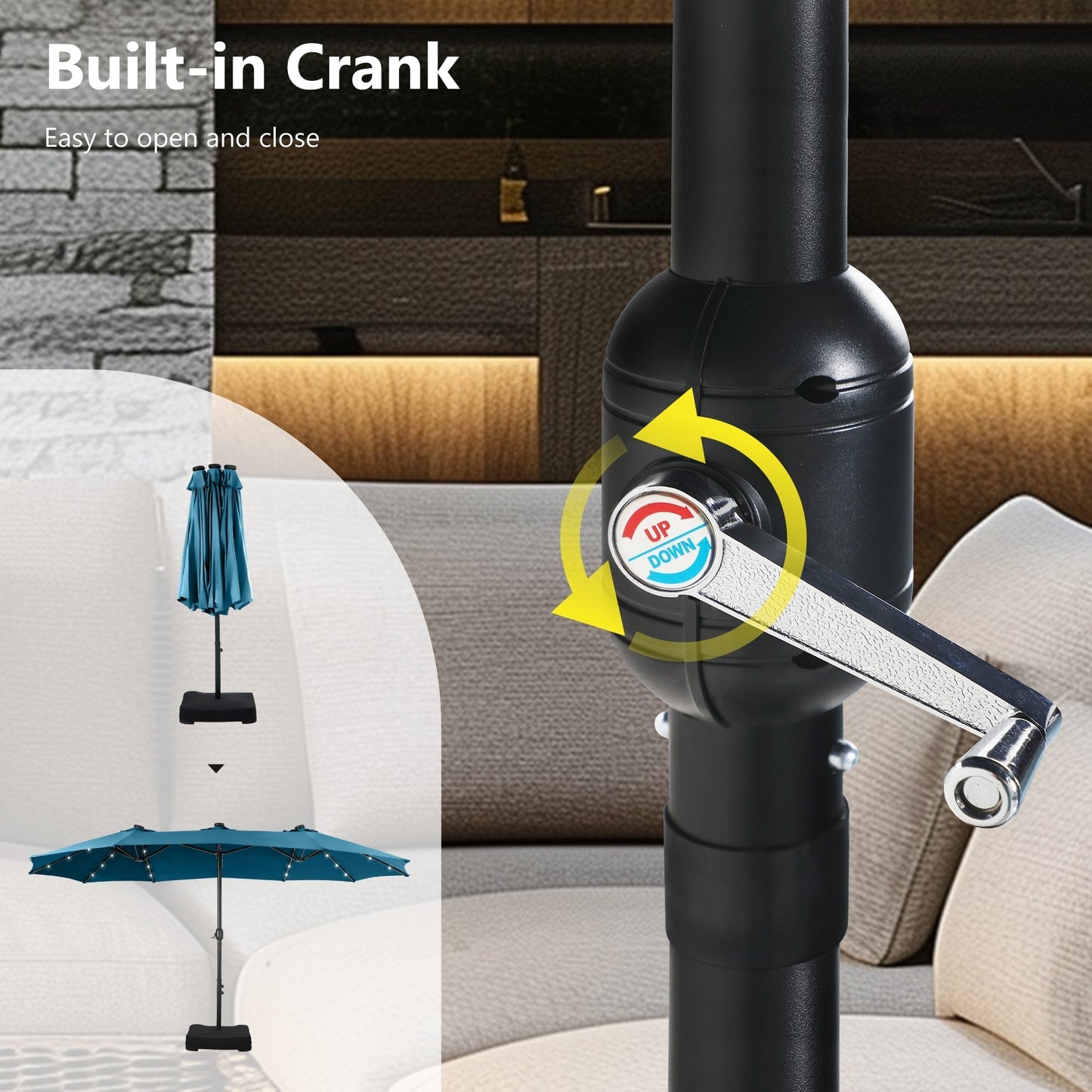 MAISON ARTS 15-foot Rectangular Crank Double-sided Outdoor Market Umbrella Solar LED Lighted Patio Umbrella with Base Included