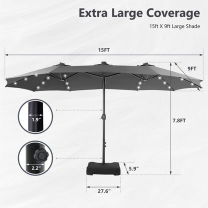 MAISON ARTS 15-foot Rectangular Crank Double-sided Outdoor Market Umbrella Solar LED Lighted Patio Umbrella with Base Included