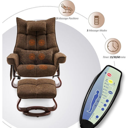 Ensemble de 2 fauteuils inclinables pivotants avec pouf et coussin de nuque, tissu chenille