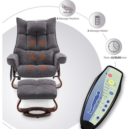 Ensemble de 2 fauteuils inclinables pivotants avec pouf et coussin de nuque, tissu chenille