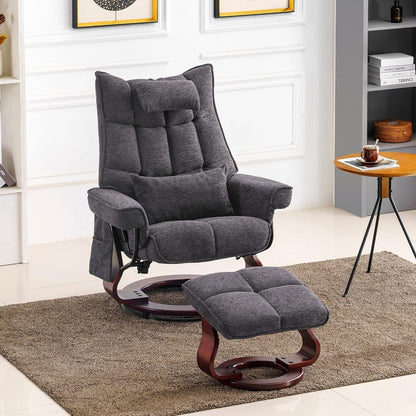 Ensemble de 2 fauteuils inclinables pivotants avec pouf et coussin de nuque, tissu chenille