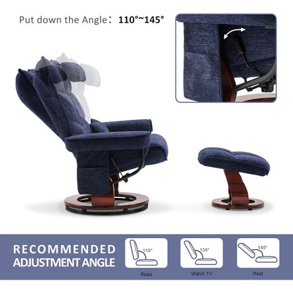 Ensemble de 2 fauteuils inclinables pivotants avec pouf et coussin de nuque, tissu chenille