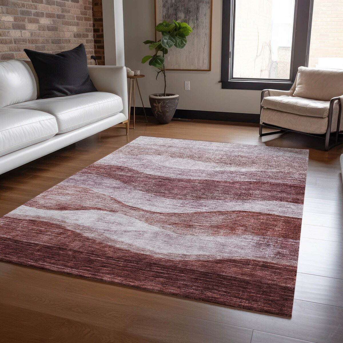Machine Washable Indoor/ Outdoor Contemporary Waves Chantille Rug