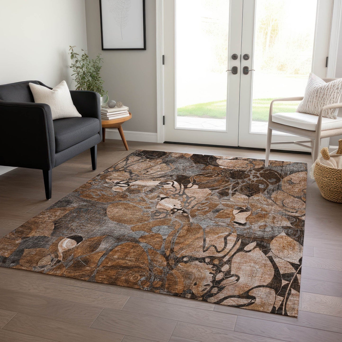 Machine Washable Indoor/ Outdoor Modern Floral Chantille Rug