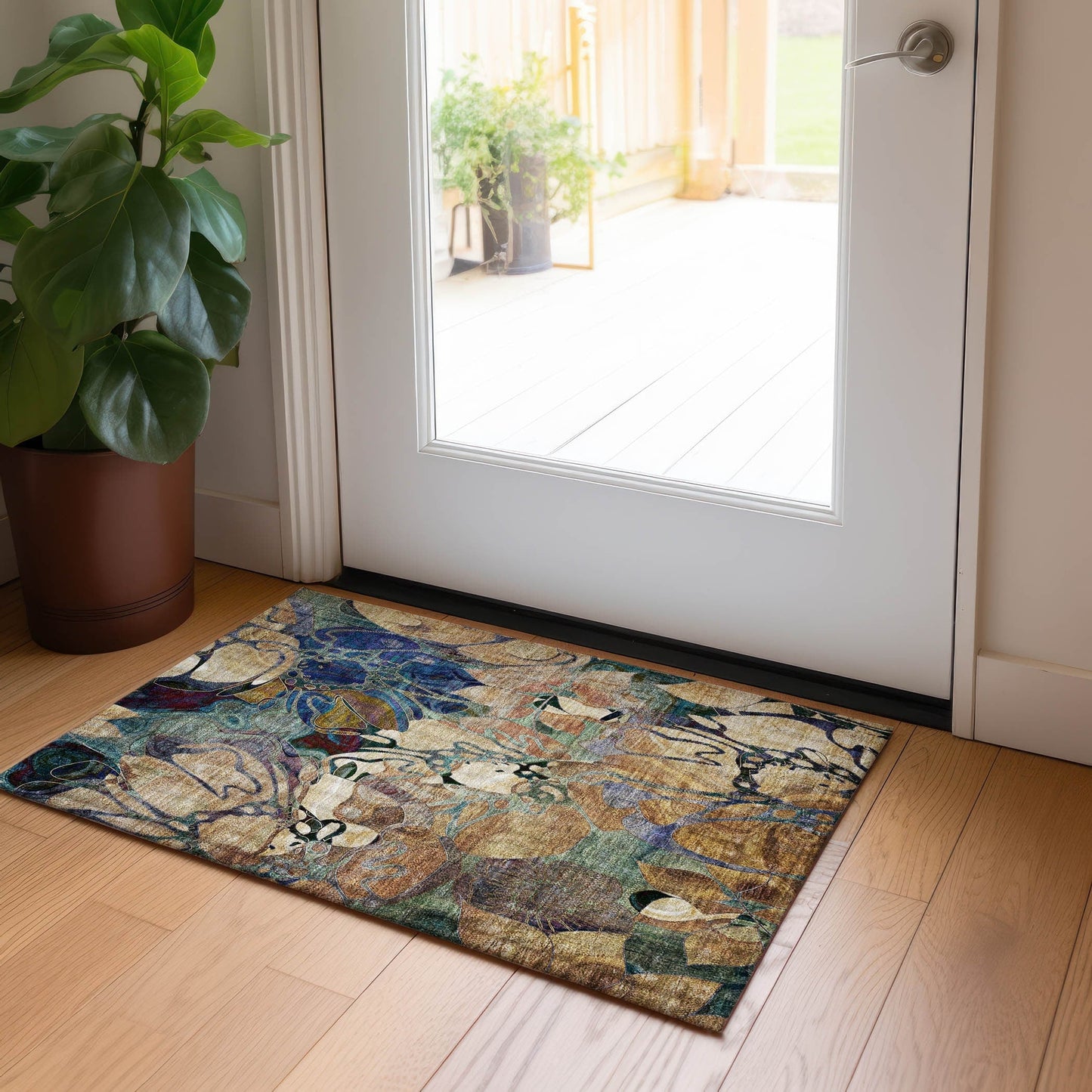 Machine Washable Indoor/ Outdoor Modern Floral Chantille Rug