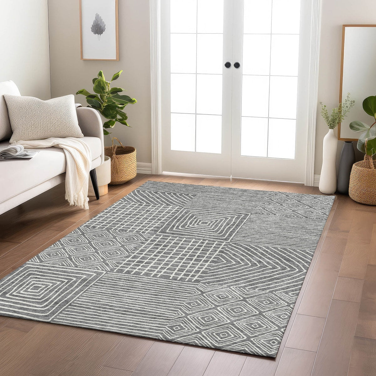 Machine Washable Indoor/ Outdoor Modern Mosaic Chantille Rug