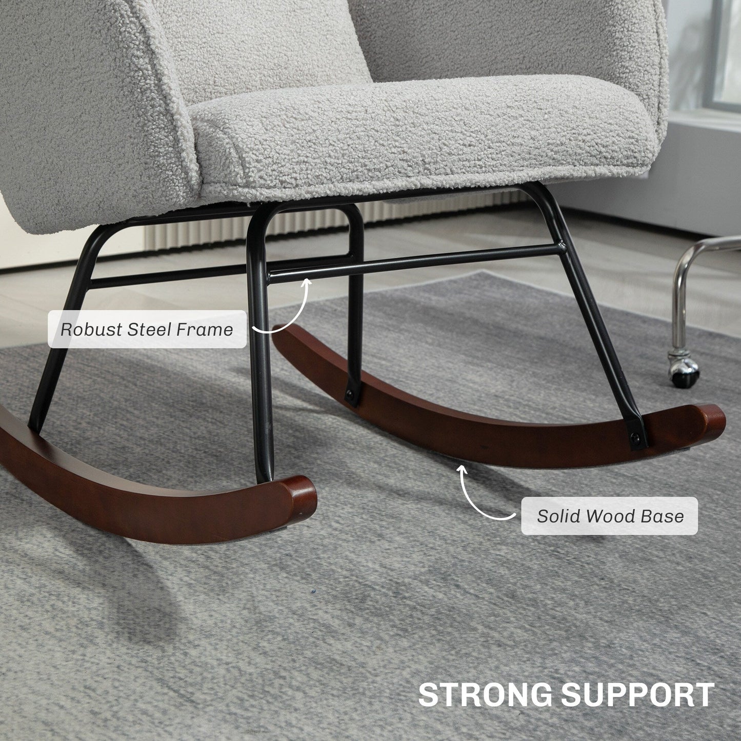 Fauteuil à bascule rembourré moderne pour chambre d'enfant avec dossier haut, appui-tête et coussin lombaire pour salon ou chambre