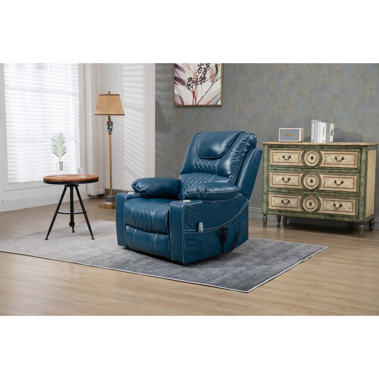 Fauteuil inclinable électrique surdimensionné en cuir PU avec massage, chauffage lombaire, porte-gobelet, inclinaison à plat à 180°
