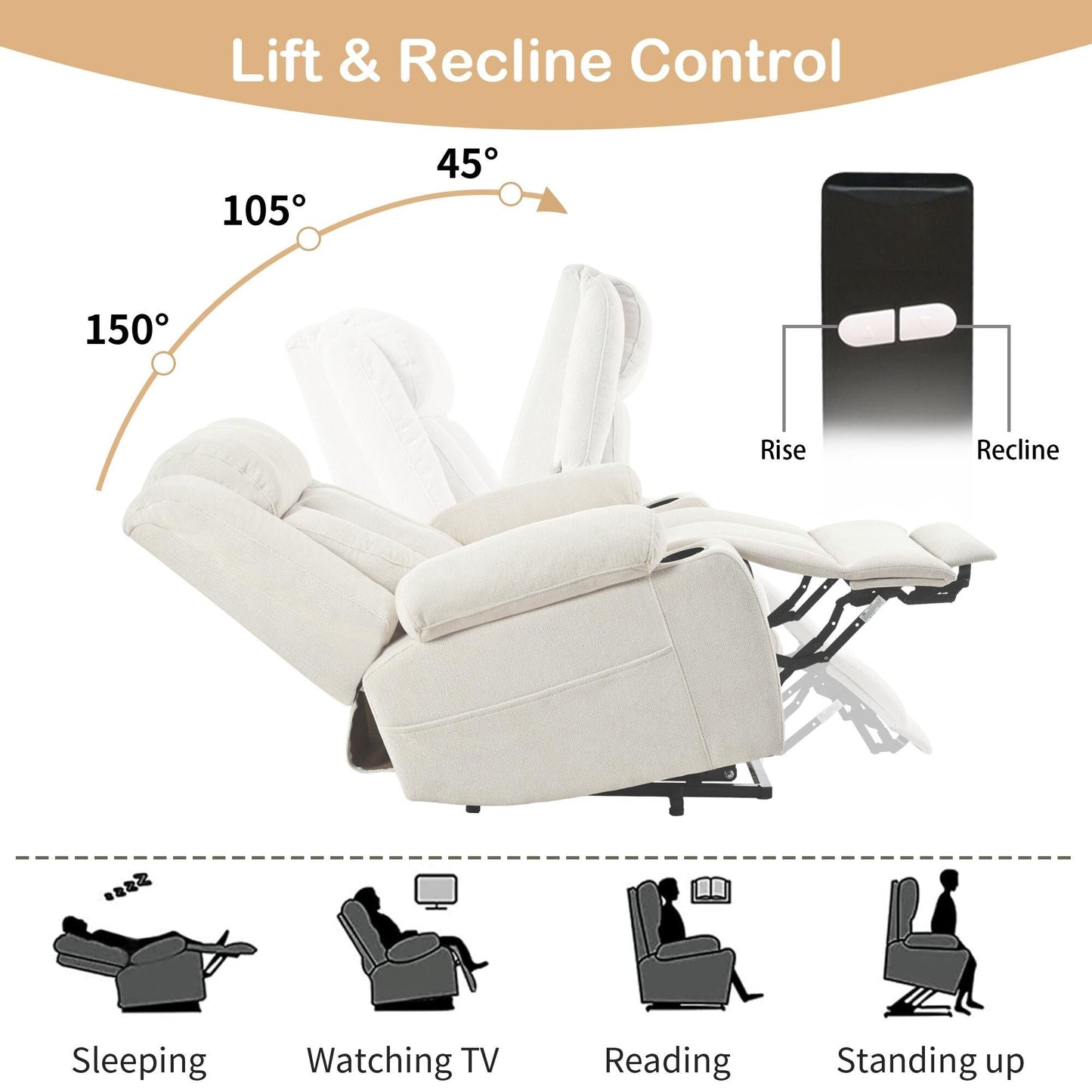 Fauteuil releveur électrique pour personnes âgées, en tissu, avec repose-pieds allongé, 2 porte-gobelets, poches latérales et télécommande.