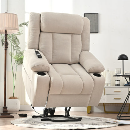Fauteuil releveur électrique pour personnes âgées, en tissu, avec repose-pieds allongé, 2 porte-gobelets, poches latérales et télécommande.