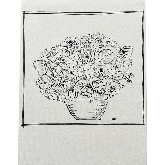 Cosmos en vase à l'encre de Chine i par Aislinn Forbes